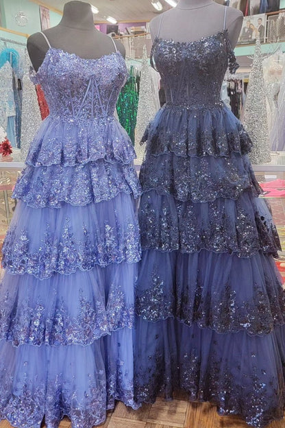 Tulle Sequin Cold-Shoulder Ruffle Tie Long Prom Dresses