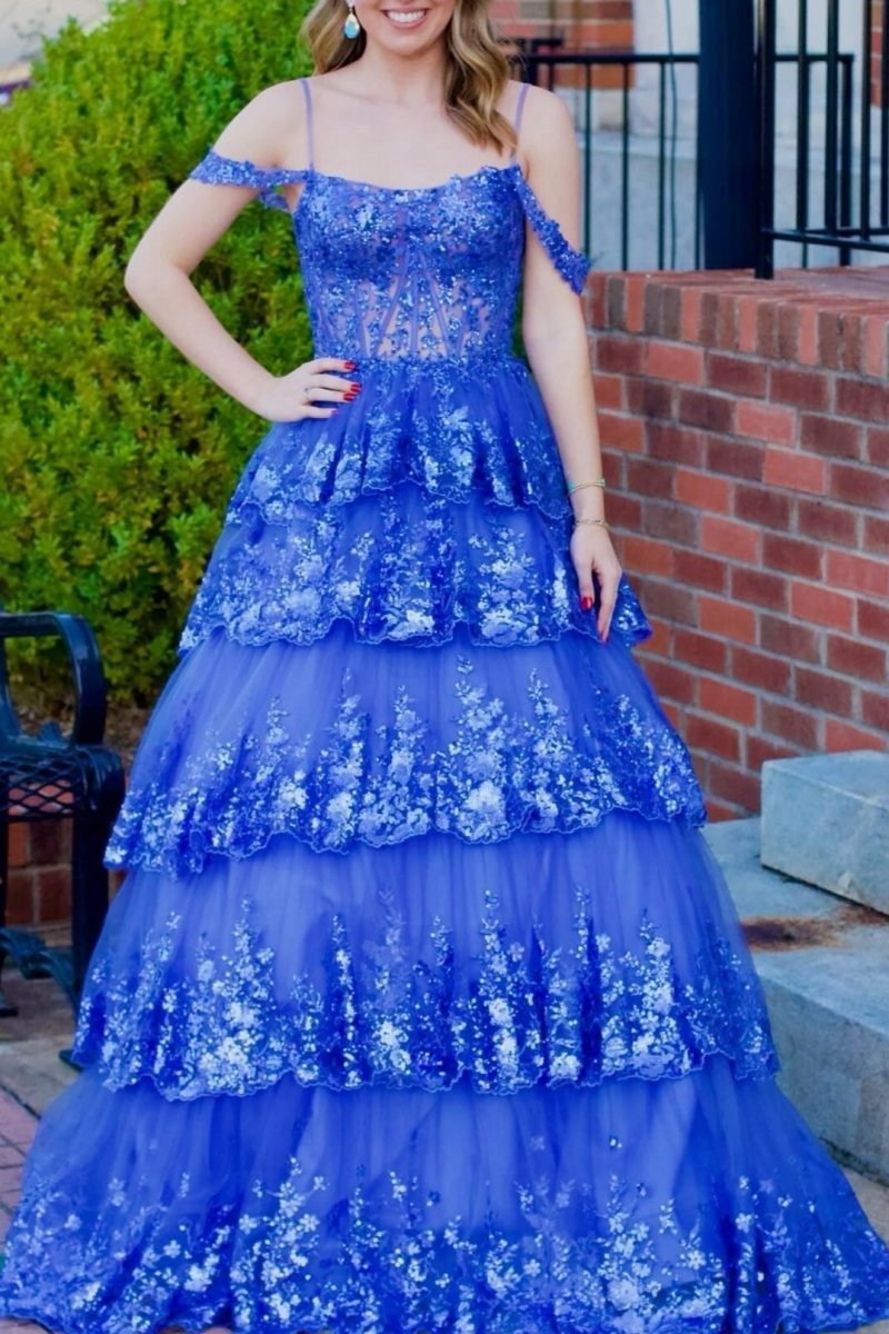 Tulle Sequin Cold-Shoulder Ruffle Tie Long Prom Dresses