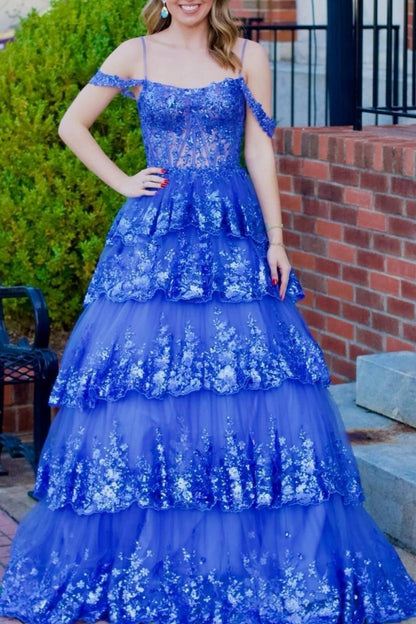 Tulle Sequin Cold-Shoulder Ruffle Tie Long Prom Dresses