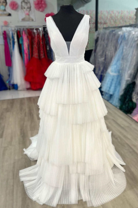 V-Neck Pleated Layered Long Formal Dresses