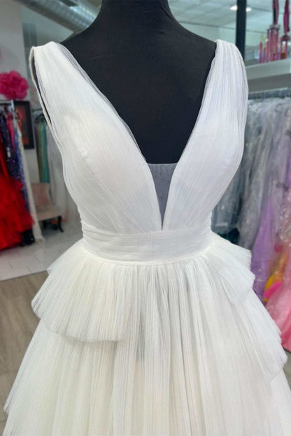 V-Neck Pleated Layered Long Formal Dresses