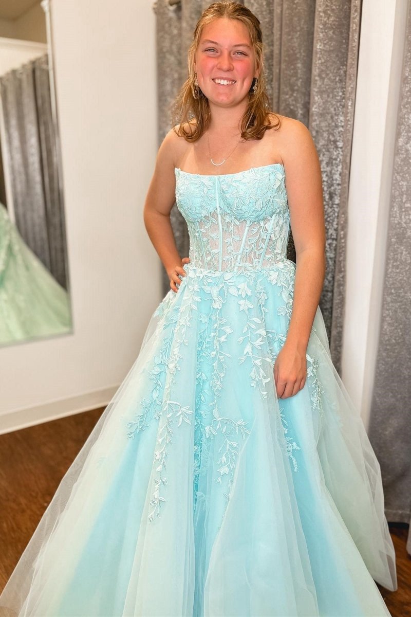 Appliques Strapless A-line Long Prom Dresses