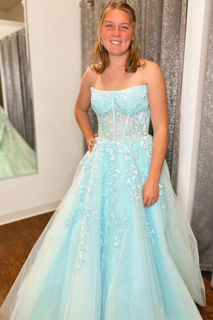 Appliques Strapless A-line Long Prom Dresses