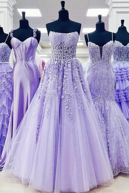 Appliques Strapless A-line Long Prom Dresses