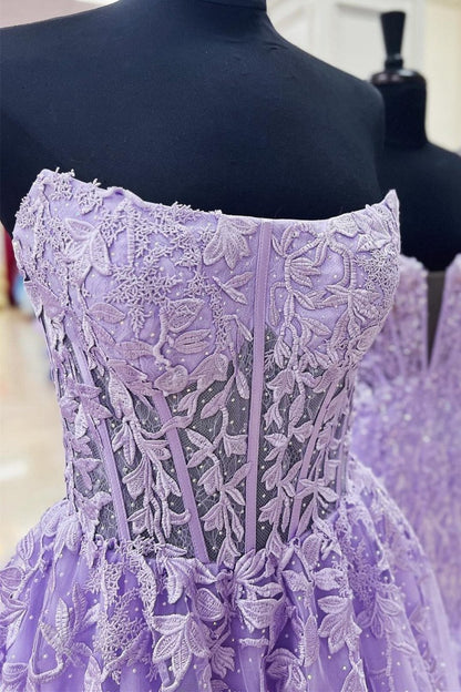 Appliques Strapless A-line Long Prom Dresses