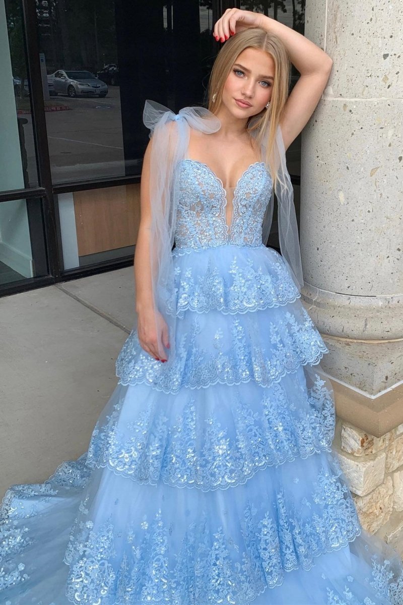 Tulle Appliques Tying Strap Ruffle Tie Long Prom Dresses