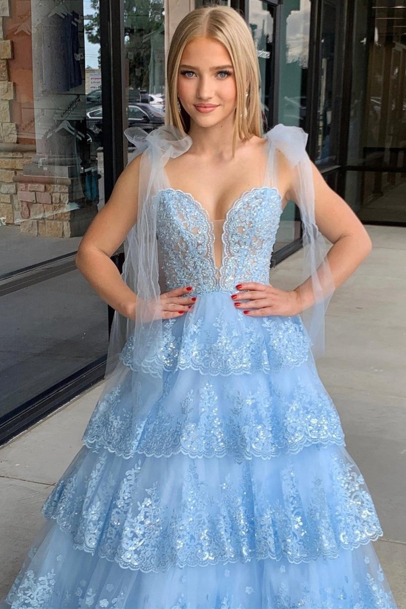 Tulle Appliques Tying Strap Ruffle Tie Long Prom Dresses