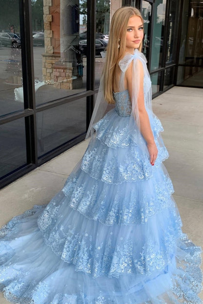 Tulle Appliques Tying Strap Ruffle Tie Long Prom Dresses