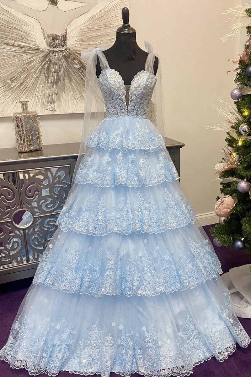 Tulle Appliques Tying Strap Ruffle Tie Long Prom Dresses