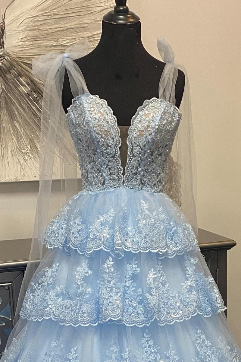 Tulle Appliques Tying Strap Ruffle Tie Long Prom Dresses