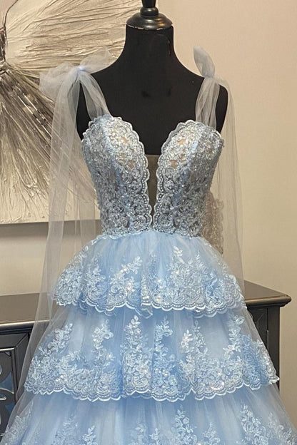 Tulle Appliques Tying Strap Ruffle Tie Long Prom Dresses