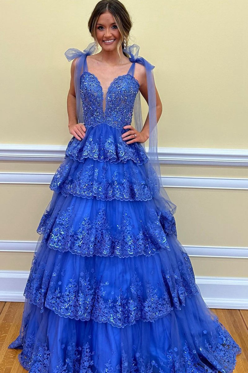 Tulle Appliques Tying Strap Ruffle Tie Long Prom Dresses