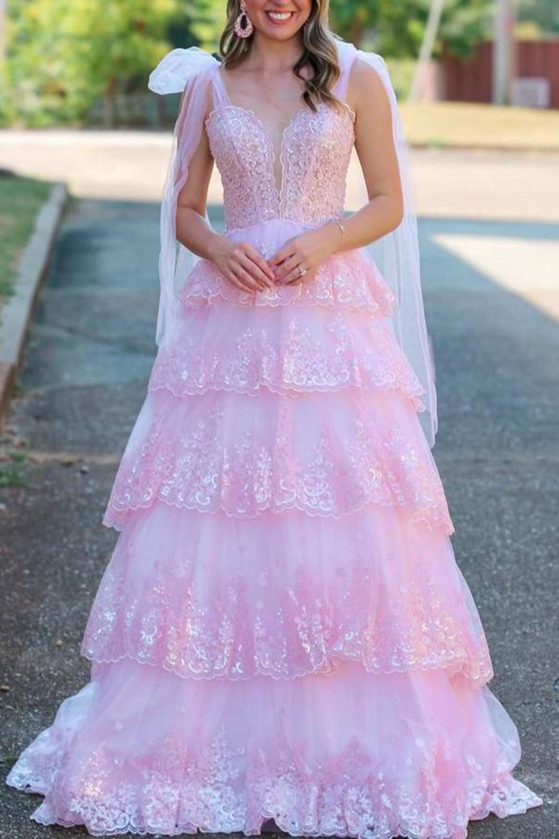 Tulle Appliques Tying Strap Ruffle Tie Long Prom Dresses