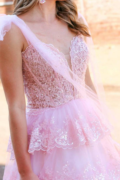 Tulle Appliques Tying Strap Ruffle Tie Long Prom Dresses