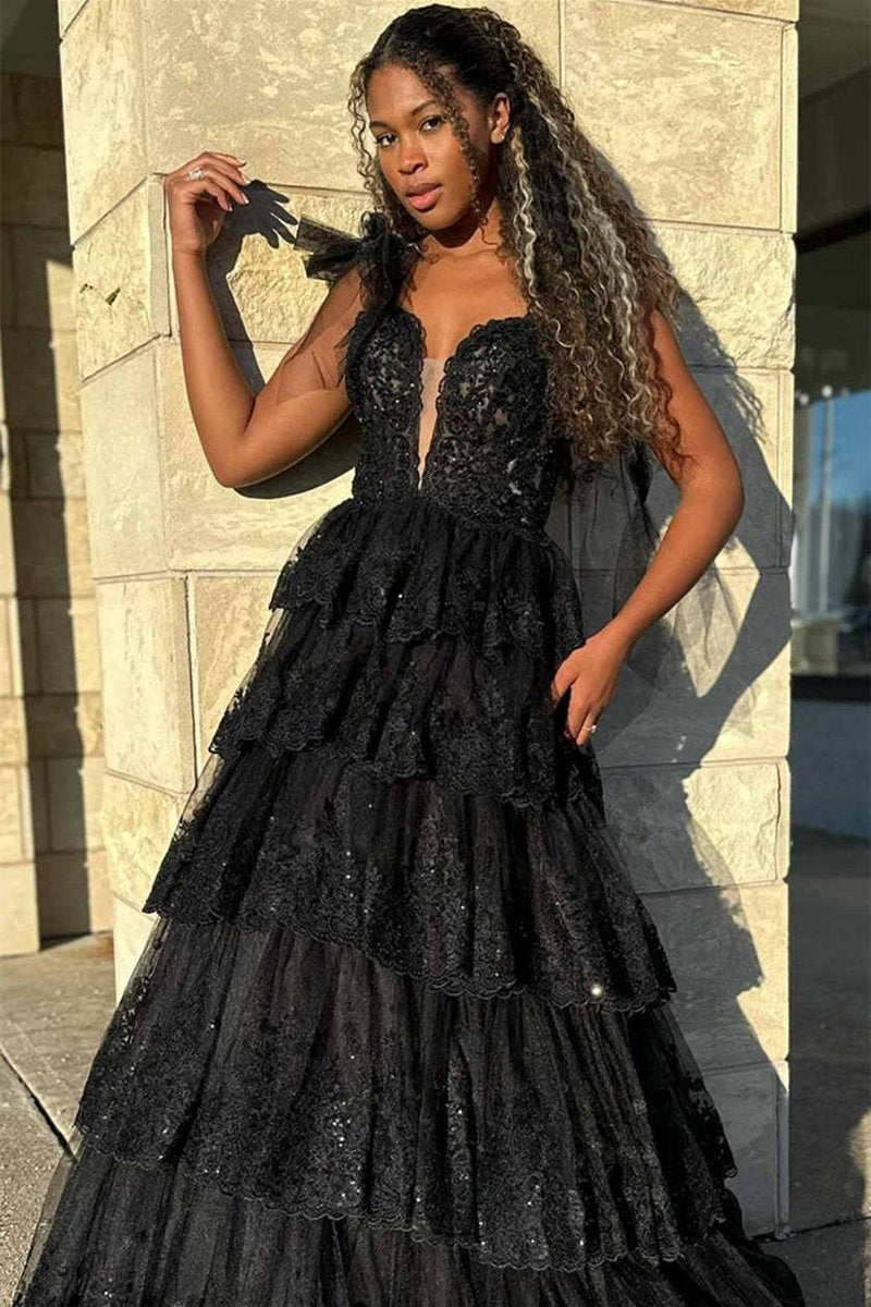 Tulle Appliques Tying Strap Ruffle Tie Long Prom Dresses