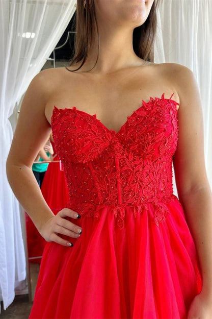 Tulle Appliques Sweetheart Ruffle Long Prom Dresses