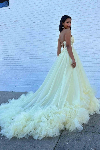 Tulle Appliques Sweetheart Ruffle Long Prom Dresses