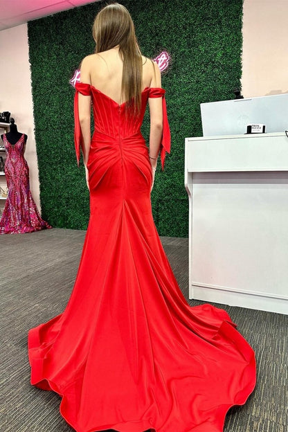 Off-the-Shoulder Bow Sleeve Mermaid Long Prom Dresses with Slit