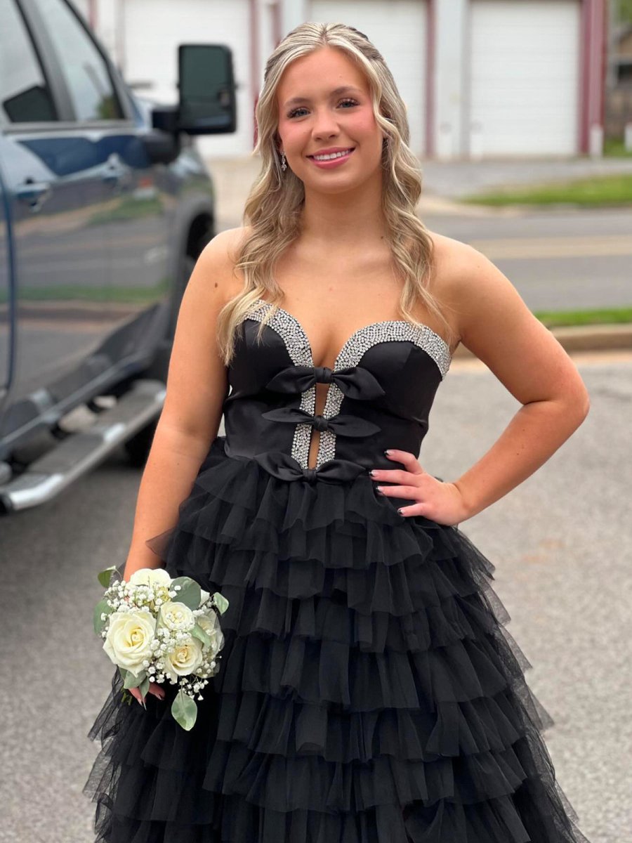 Strapless Bow Ruffle Long Prom Dresses with Slit