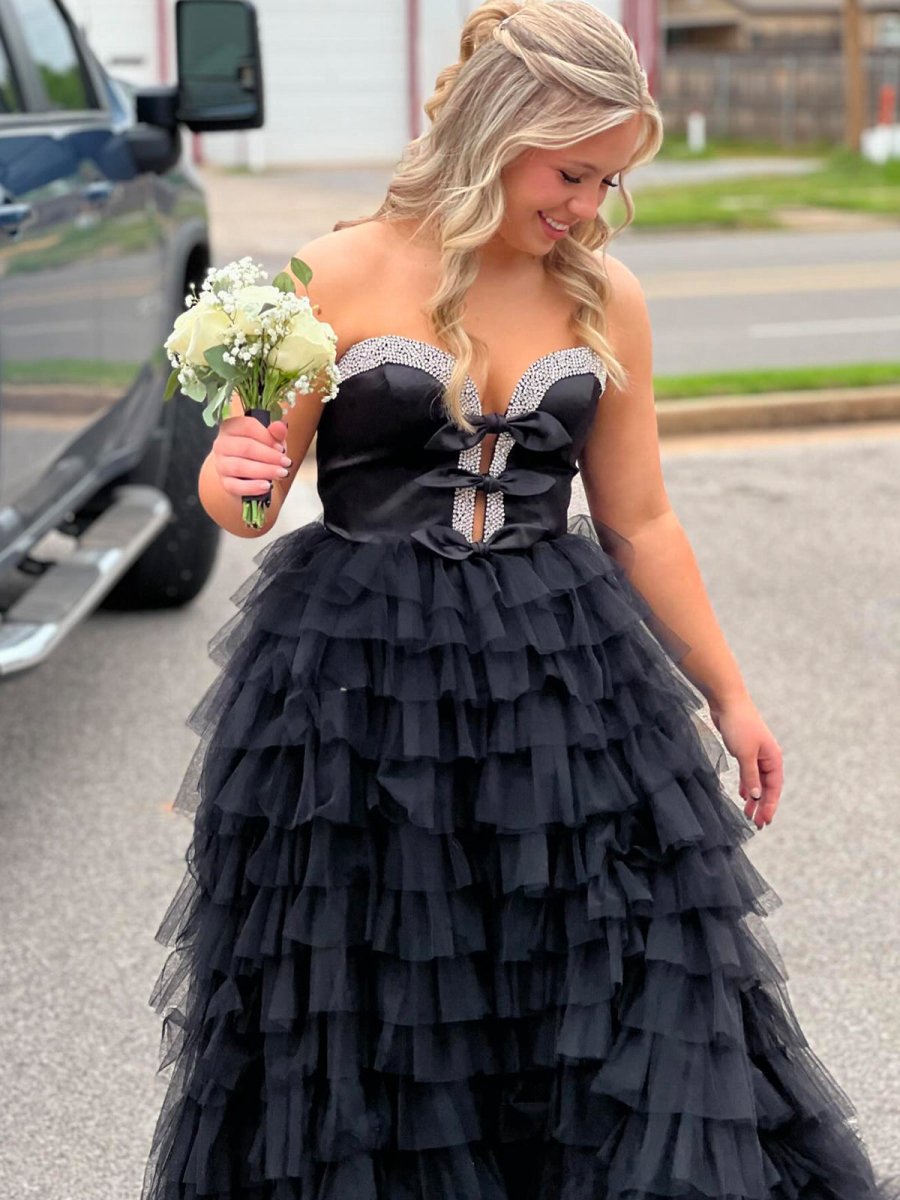 Strapless Bow Ruffle Long Prom Dresses with Slit