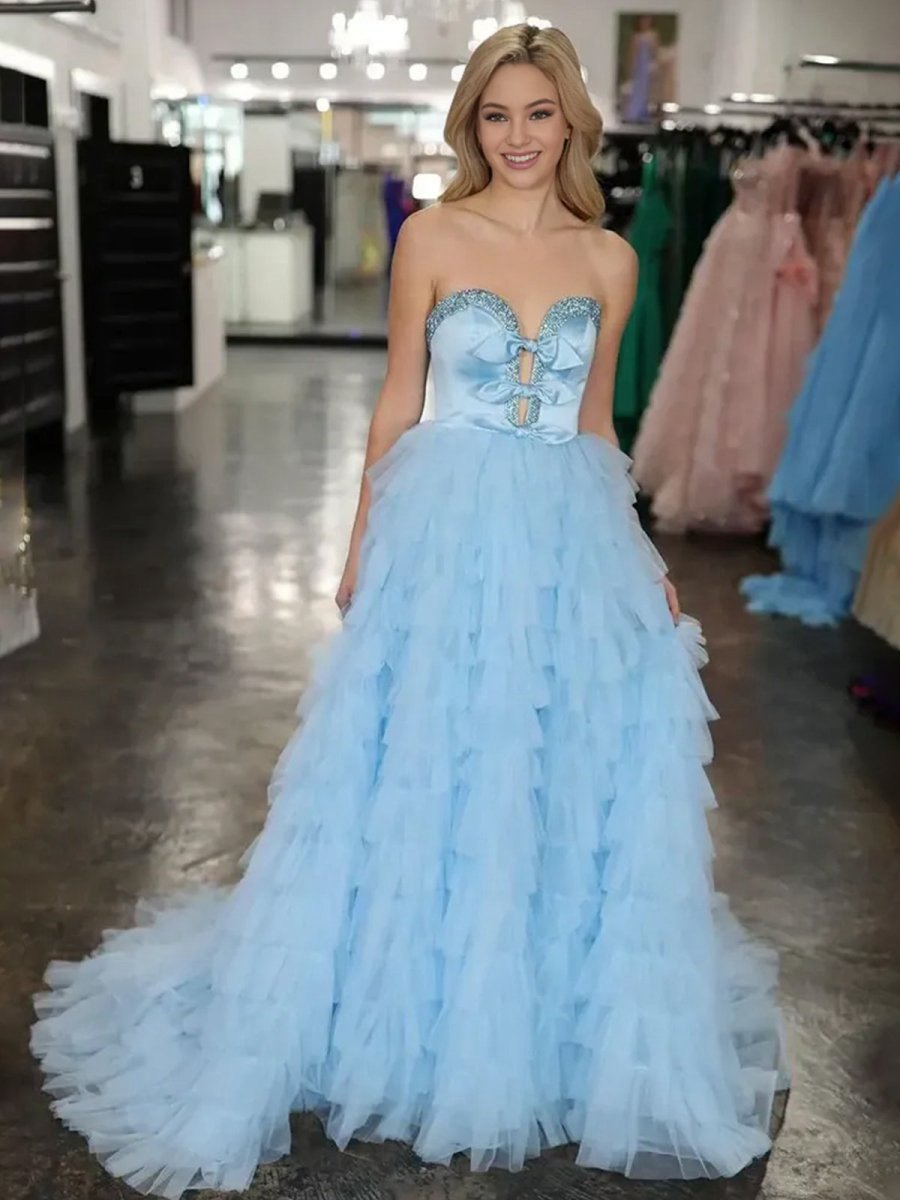 Strapless Bow Ruffle Long Prom Dresses with Slit