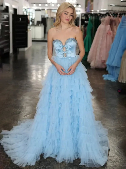 Strapless Bow Ruffle Long Prom Dresses with Slit