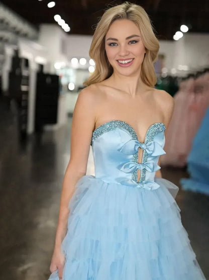 Strapless Bow Ruffle Long Prom Dresses with Slit
