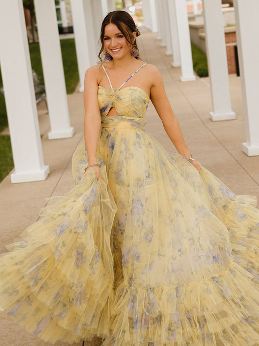 Print Halter Keyhole A-line Long Prom Dresses
