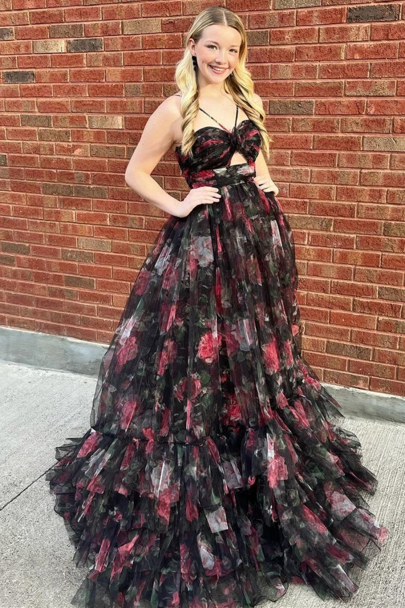 Print Halter Keyhole A-line Long Prom Dresses
