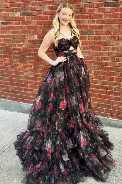 Print Halter Keyhole A-line Long Prom Dresses