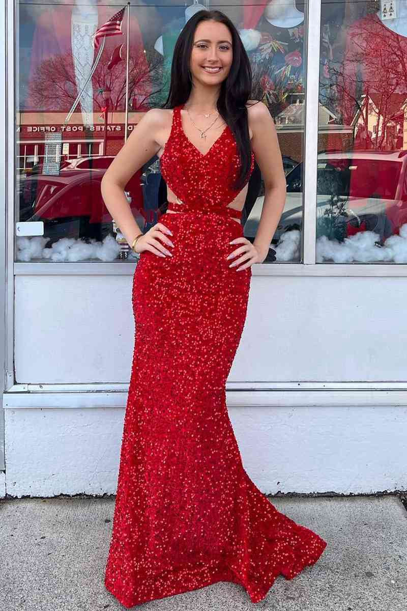 Mermaid V Neck Sequins Backless Long Prom Dresses