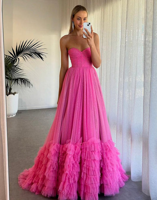 Sweetheart Tie Tulle Long Prom Dresses