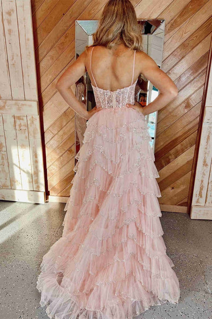 Straps Mesh Cutout Sequined Layered Long Prom Dresses