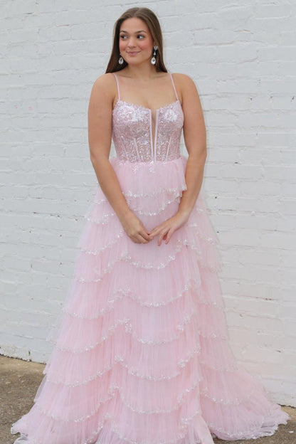 Straps Mesh Cutout Sequined Layered Long Prom Dresses