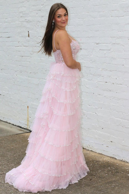 Straps Mesh Cutout Sequined Layered Long Prom Dresses