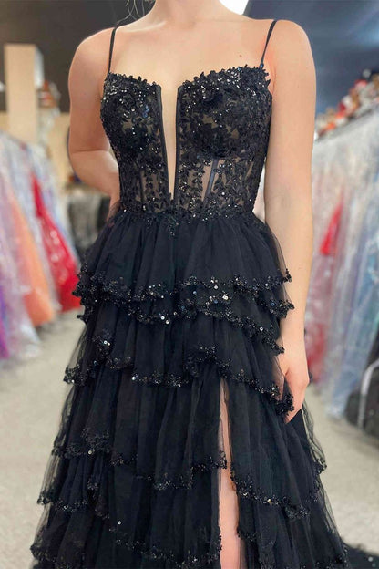 Straps Mesh Cutout Sequined Layered Long Prom Dresses