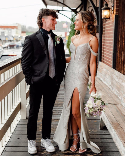 Cold Shoulder Beaded Slit Mermaid Prom Dresses