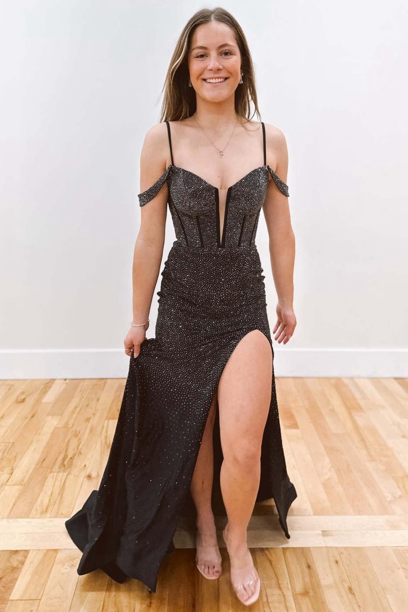 Cold Shoulder Beaded Slit Mermaid Prom Dresses