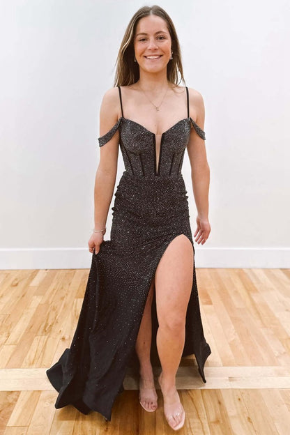 Cold Shoulder Beaded Slit Mermaid Prom Dresses