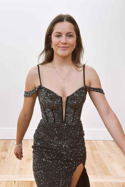 Cold Shoulder Beaded Slit Mermaid Prom Dresses