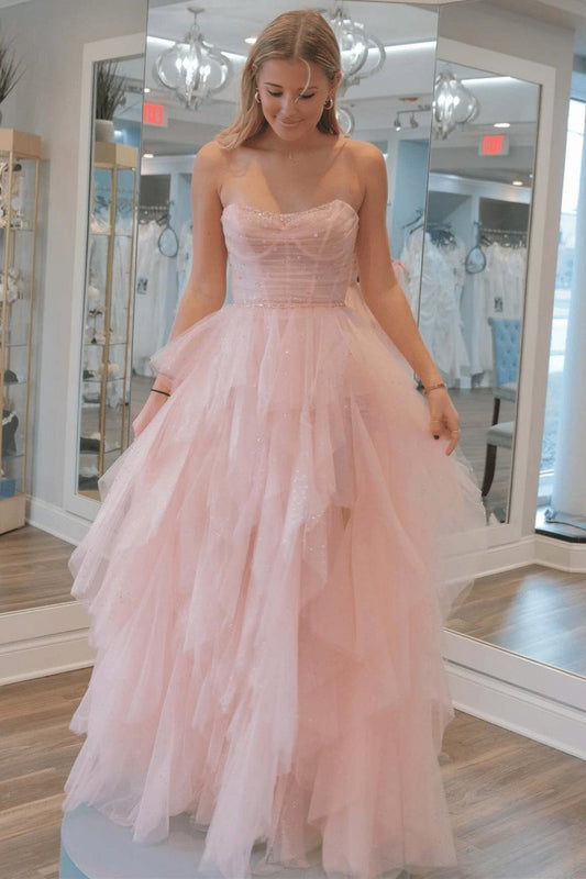 Strapless Sequin Beaded Ruffle Tulle Prom Dresses