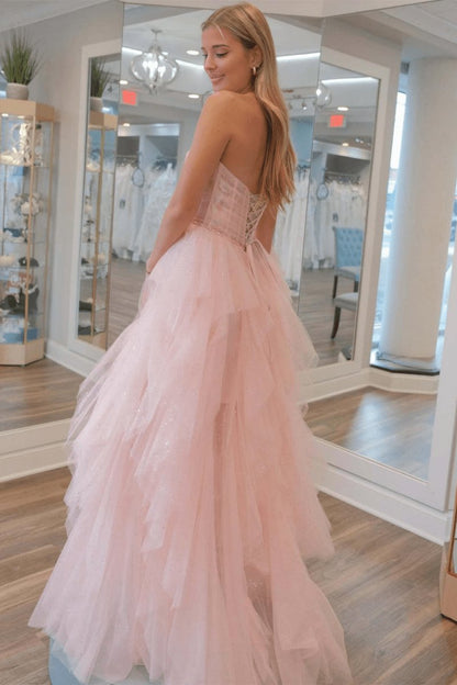 Strapless Sequin Beaded Ruffle Tulle Prom Dresses