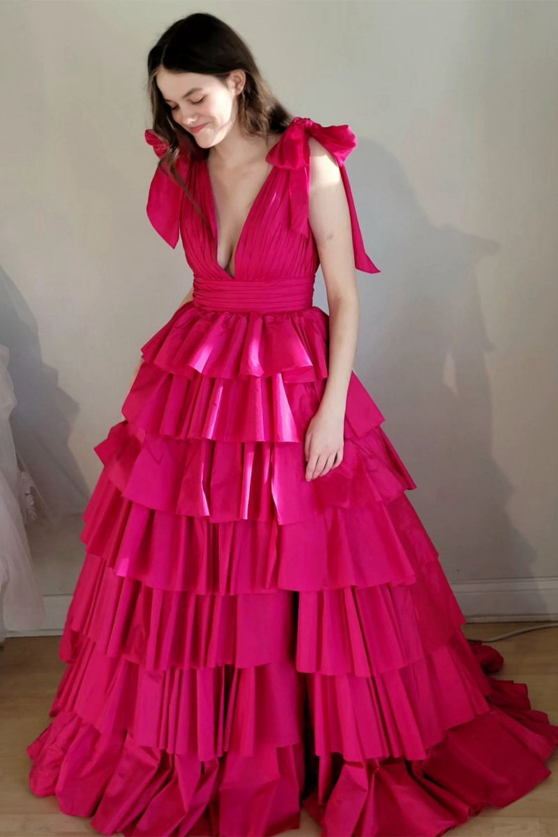 Plunging V-Neck Bow Straps Ruffle Ball Gown