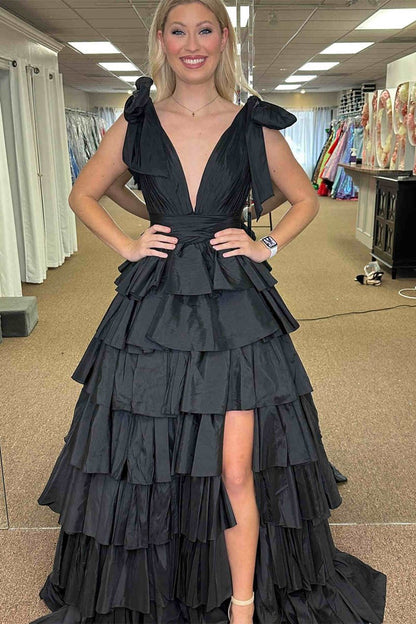 Plunging V-Neck Bow Straps Ruffle Ball Gown