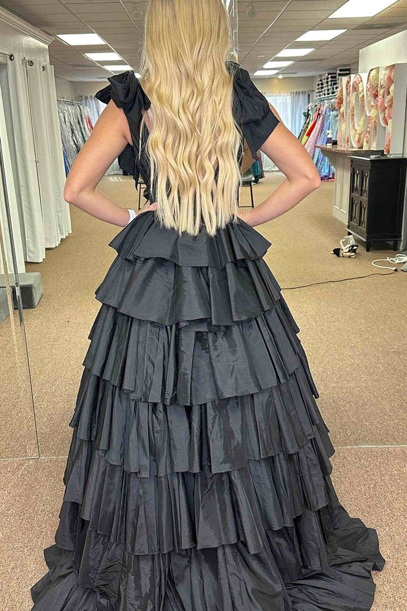 Plunging V-Neck Bow Straps Ruffle Ball Gown