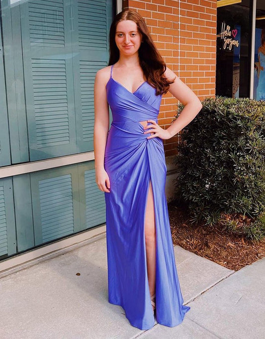 Sheath Spaghetti Straps Corset Back Prom Dresses with Split
