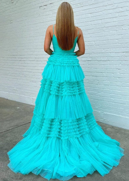 A-line Spaghetti Straps Long Tie Tulle Prom Dresses with Split