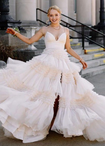 A-line Spaghetti Straps Long Tie Tulle Prom Dresses with Split