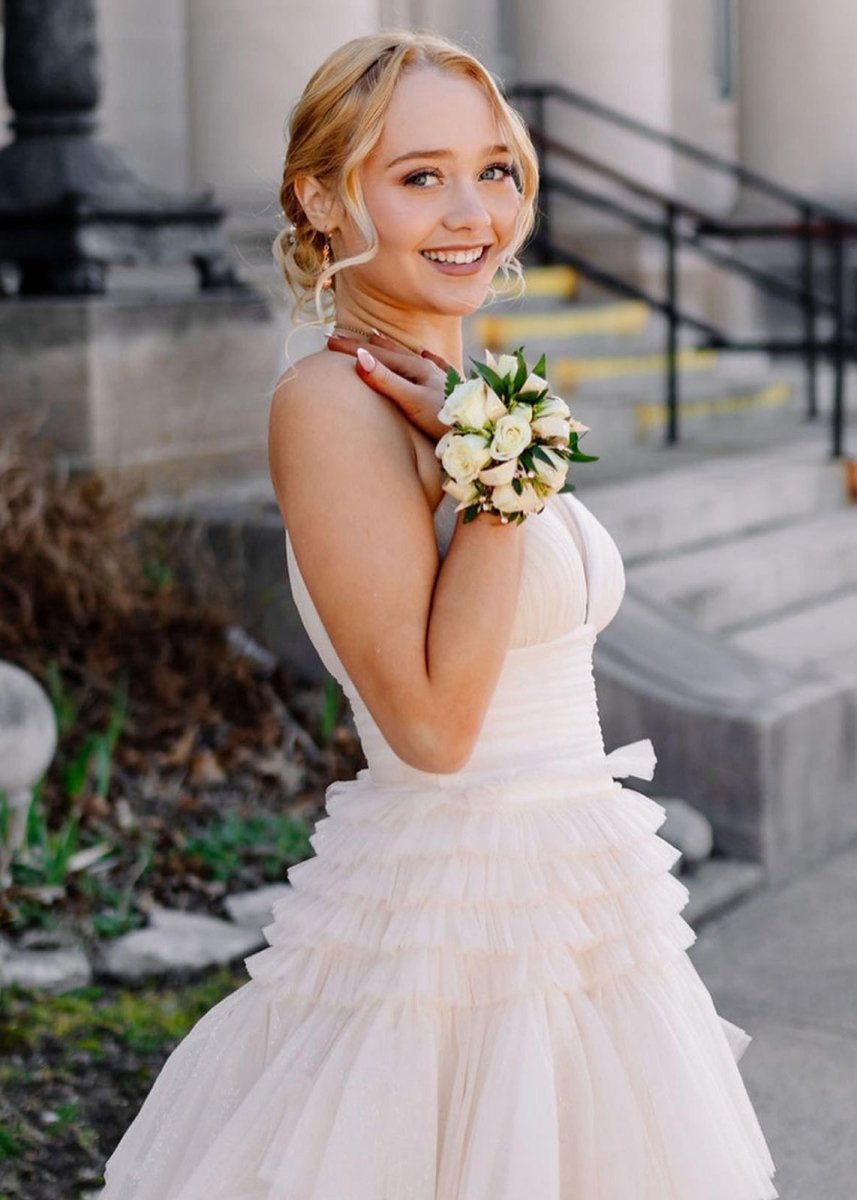 A-line Spaghetti Straps Long Tie Tulle Prom Dresses with Split
