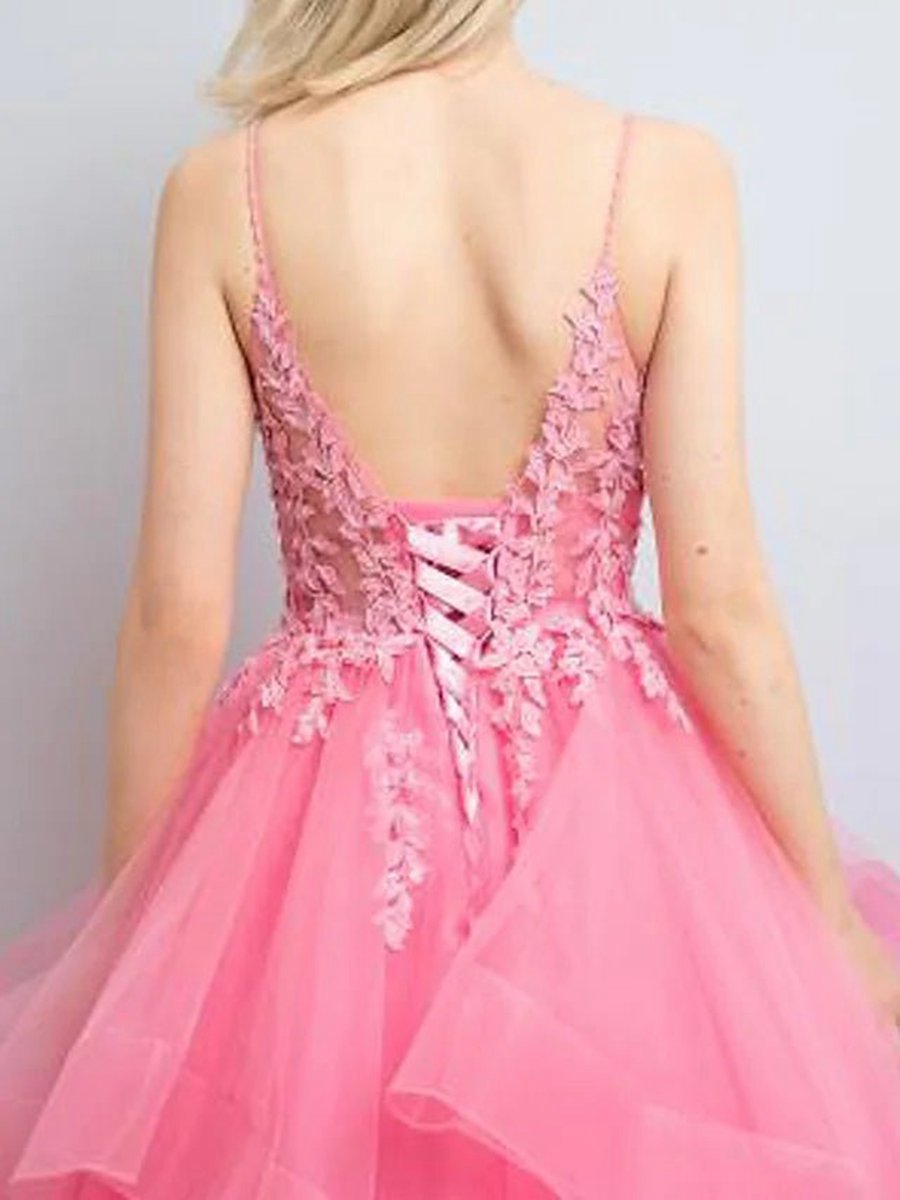 A-line Prom Dresses Princess Dresses Formal Floor Length Sleeveless V Neck Tulle Backless with Pleats Appliques